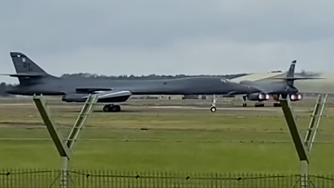 Max afterburner takeoff from 2 USAF Global Strike Command B-1b Lancer bomber plane from RAF Fairford