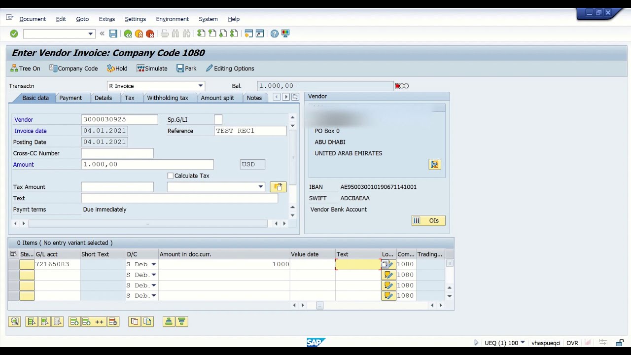 FI recording posting FB60 transaction