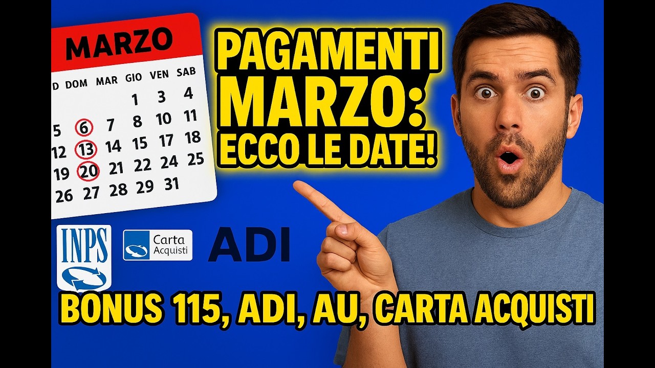 🟢 PAGAMENTI INPS, Calendario di MARZO: 📅 DATE ADI, AU, carta Acqusiti e Bonus 115€!