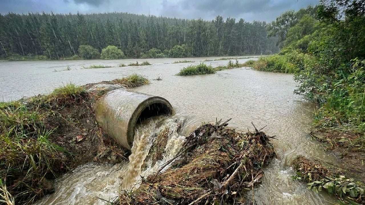 Unblocking a street inlet submerged under floodwater using specialized heavy metal rakes