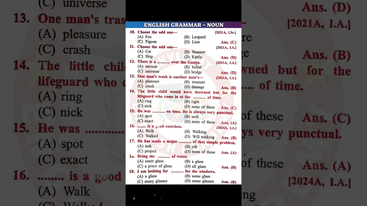 Noun Objective Questions Class 12 |  Noun in English Grammar | #shorts #noun #class12 #objective