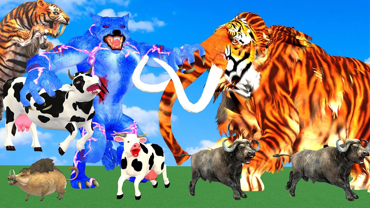 Giant Tiger Fight Zombie Wolf vs Woolly Tiger Mammoth Save Cow Buffalo Animal Revolt Battle