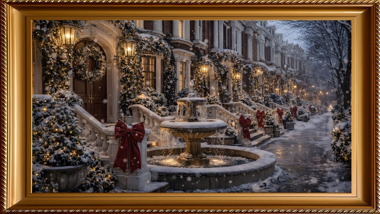Elegant Christmas Mansion Fountain 4K Art for TV (No Sound)