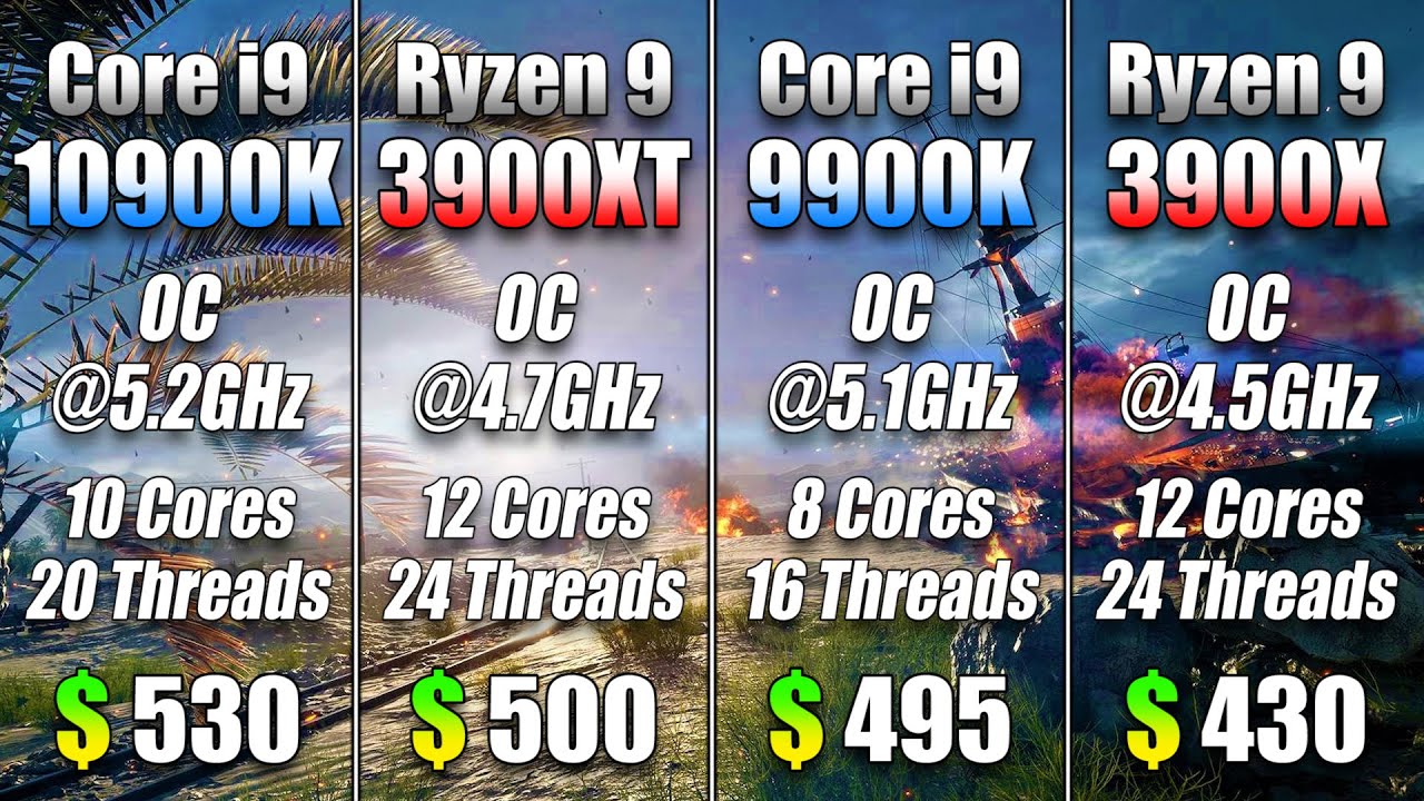 Core i9 10900K @5.2GHz vs Ryzen 9 3900XT @4.7GHz vs Core i9 9900K @5.1GHZ vs Ryzen 9 3900X @4.5GHz