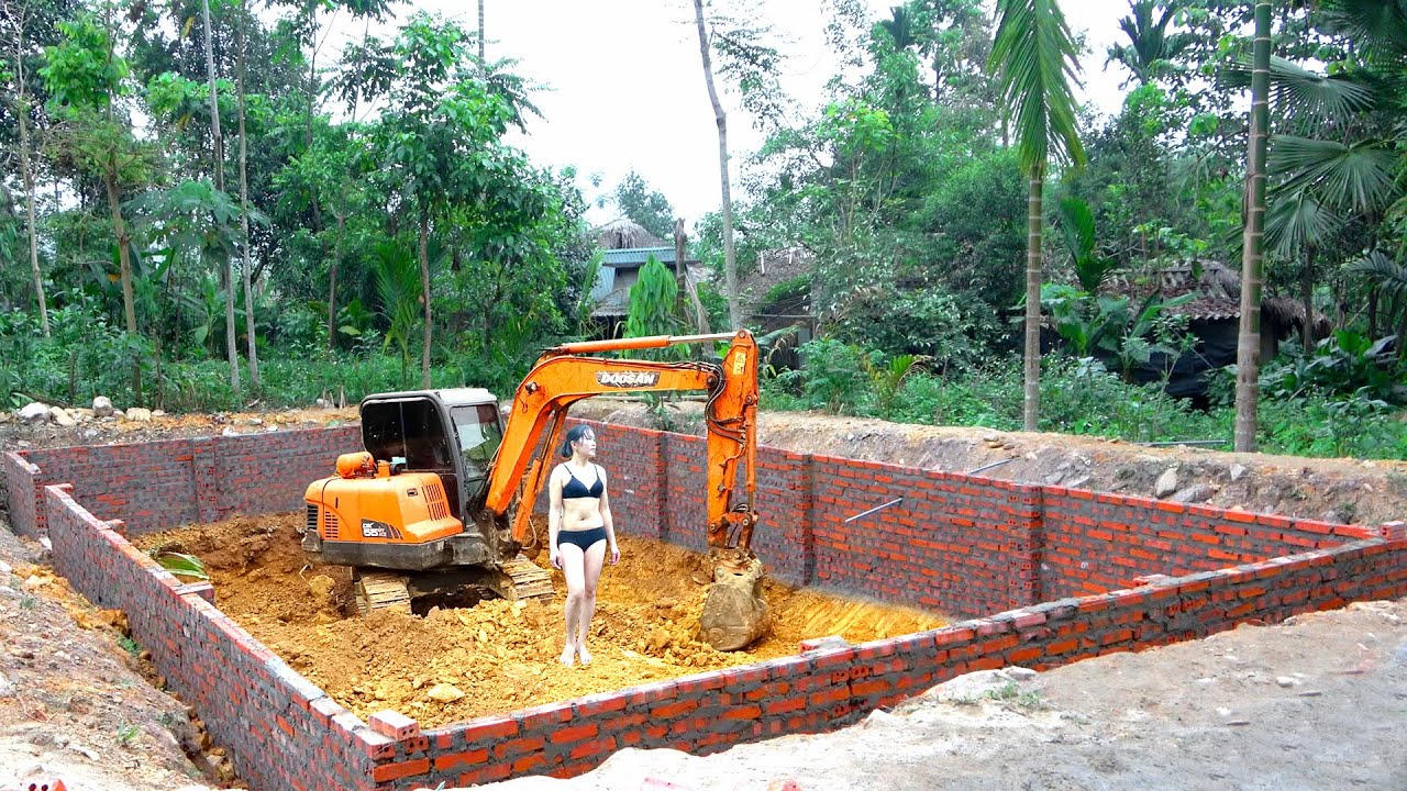 Farm Building TIMELAPSE: Alone Girl Build Fish Pond With Many Bricks. Excarvator Dig Soil