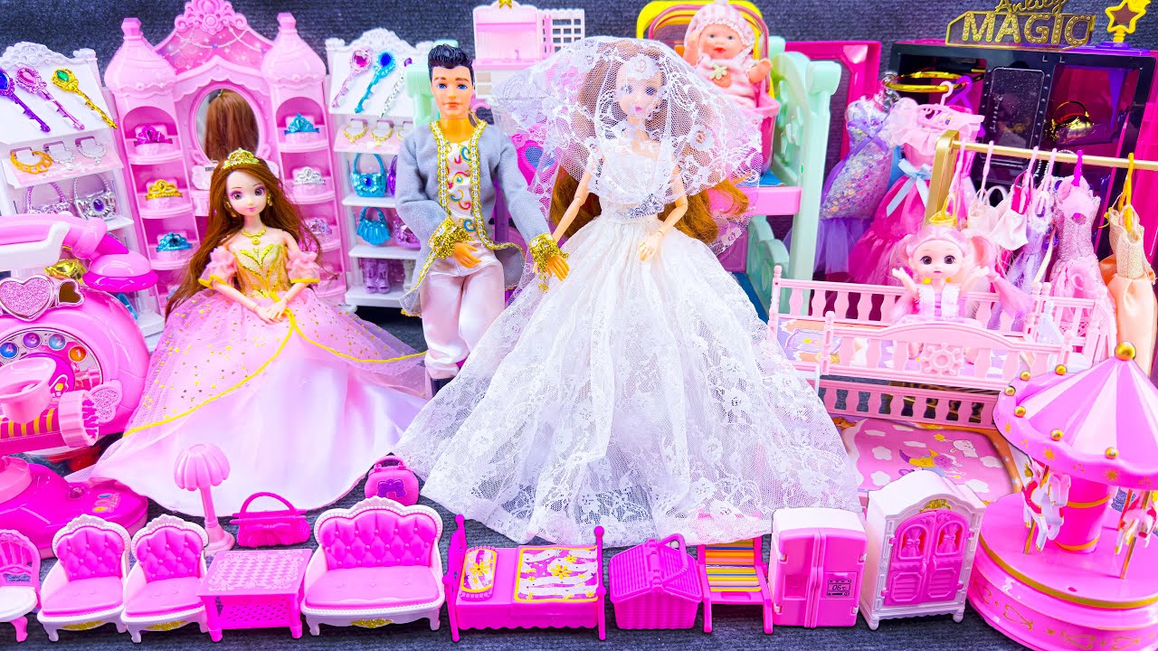 21 Minutes Satisfying Unboxing Royal Barbie Princess Wedding Bedroom Dress Up Playset Review Toys