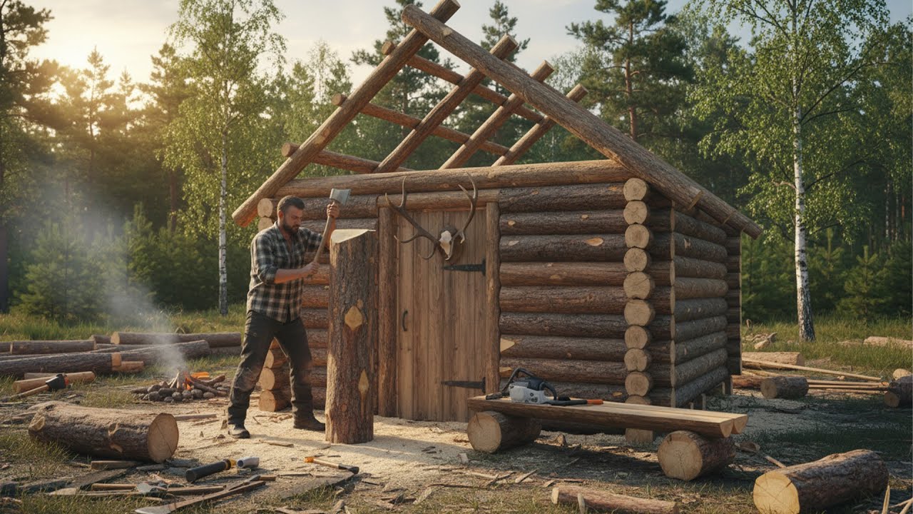 Man Builds a Log House Alone in the Forest | Start to Finish