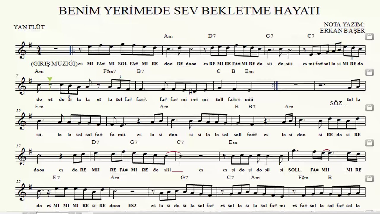 BENİM YERİMEDE SEV yan flüt NOTALARI eşlikli ALTYAPILI
