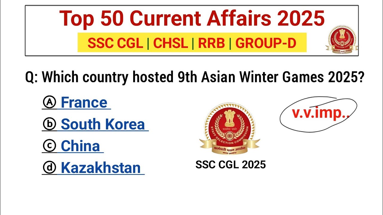 Top 50 Most important Current Affairs 2025 | SSC CGL exam current affairs | SSC CGL gk 
