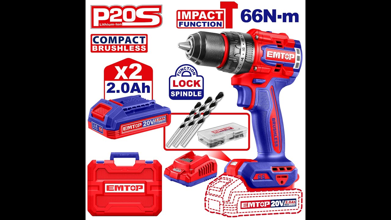 EMTOP Compact Brushless Cordless Impact Drill ECIDL20668