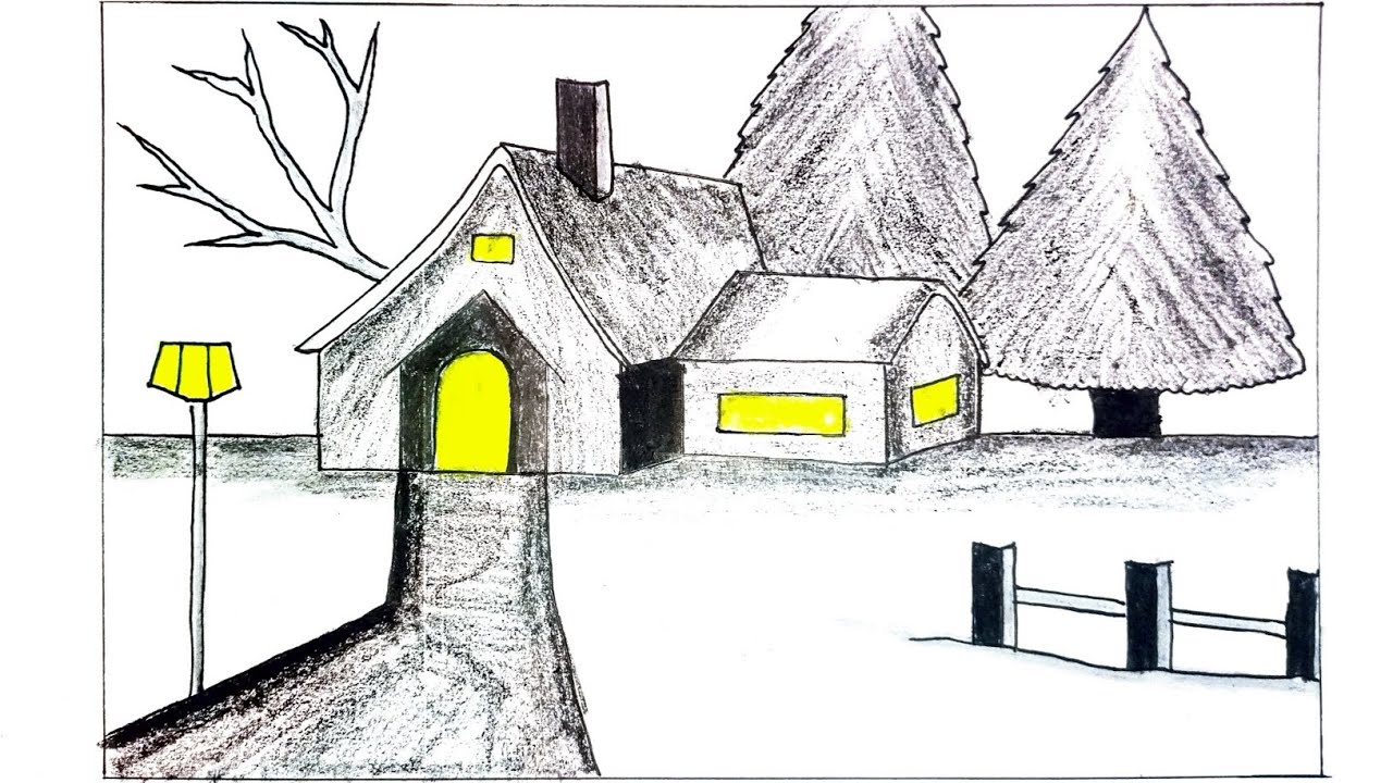 Night Village House Drawing | Simple Pencil & Color Art | Village Scenery Sketch