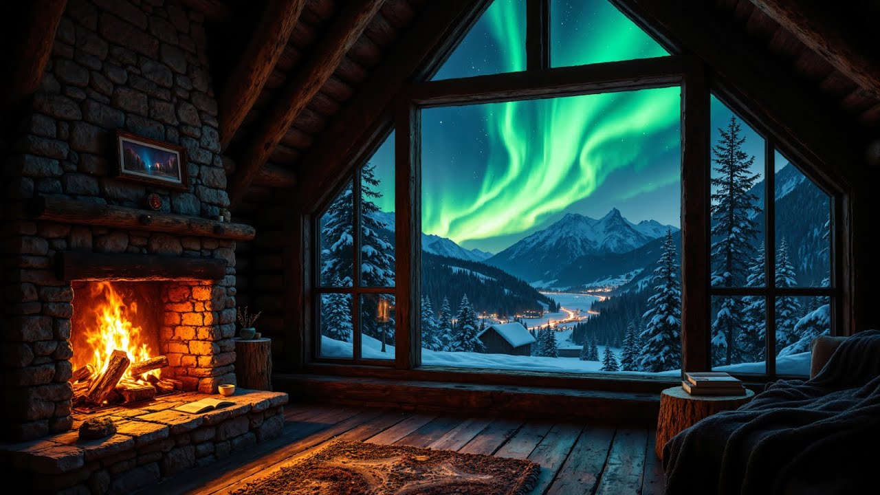 Aurora Cabin 🔥 Fireplace Ambience: Northern Lights Over Snowy Mountains | 4K, no ads