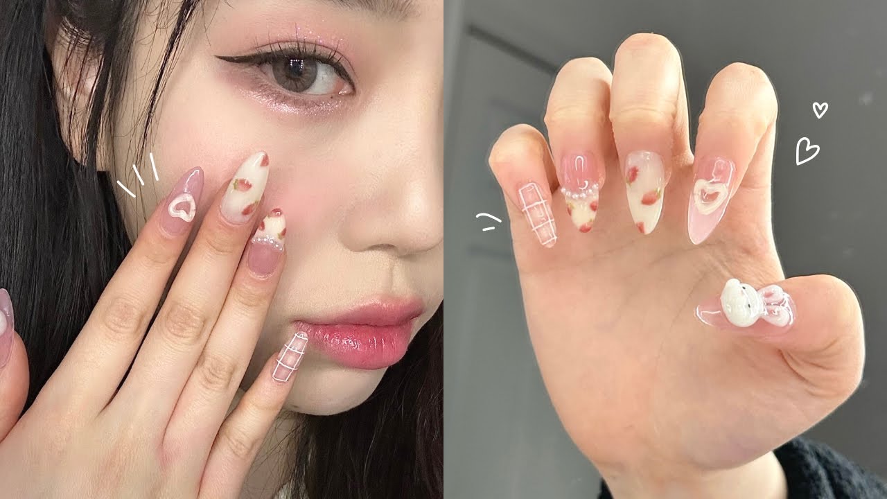 let's do gel nails at home! 3D strawberry bunny nails ( ˘͈ ᵕ ˘͈♡) nail therapy ep. 14