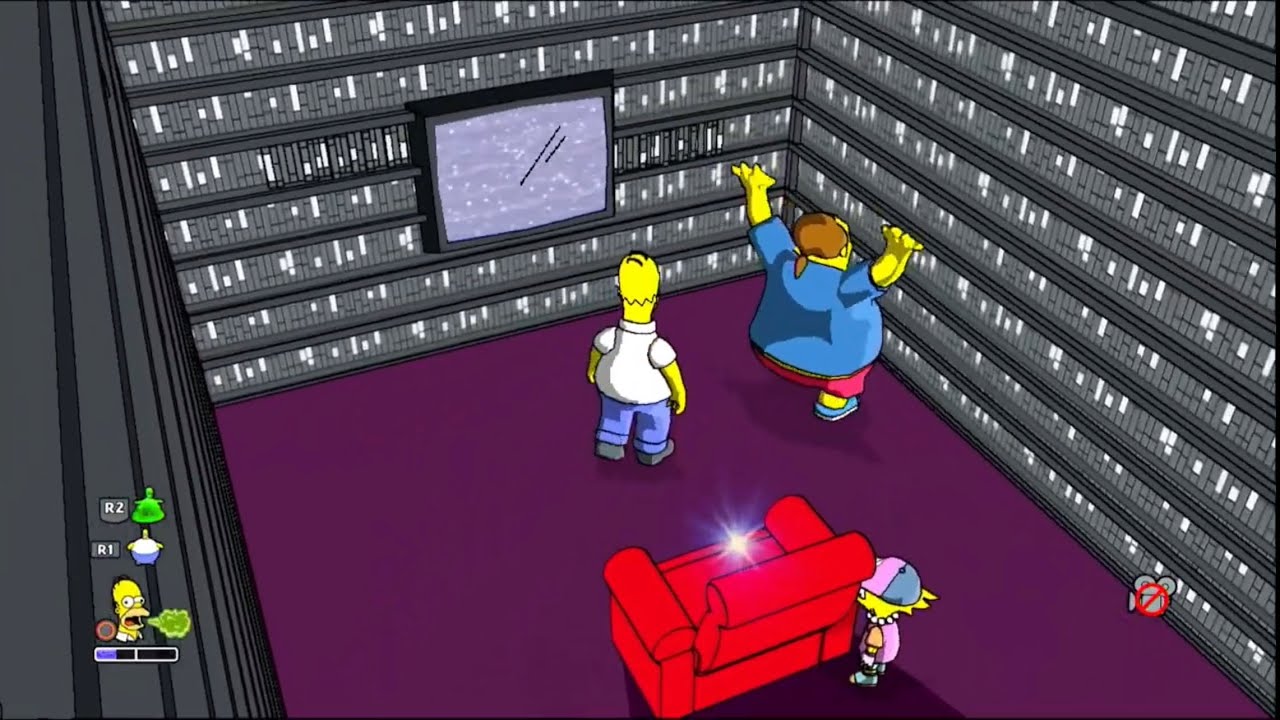 The Simpsons Game PS3 Homer throws Comic Book Guy in his Secret Room