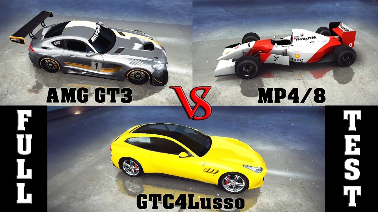 Asphalt 8 - Full Test (AMG GT3 vs MP4/8 vs GTC4Lusso)