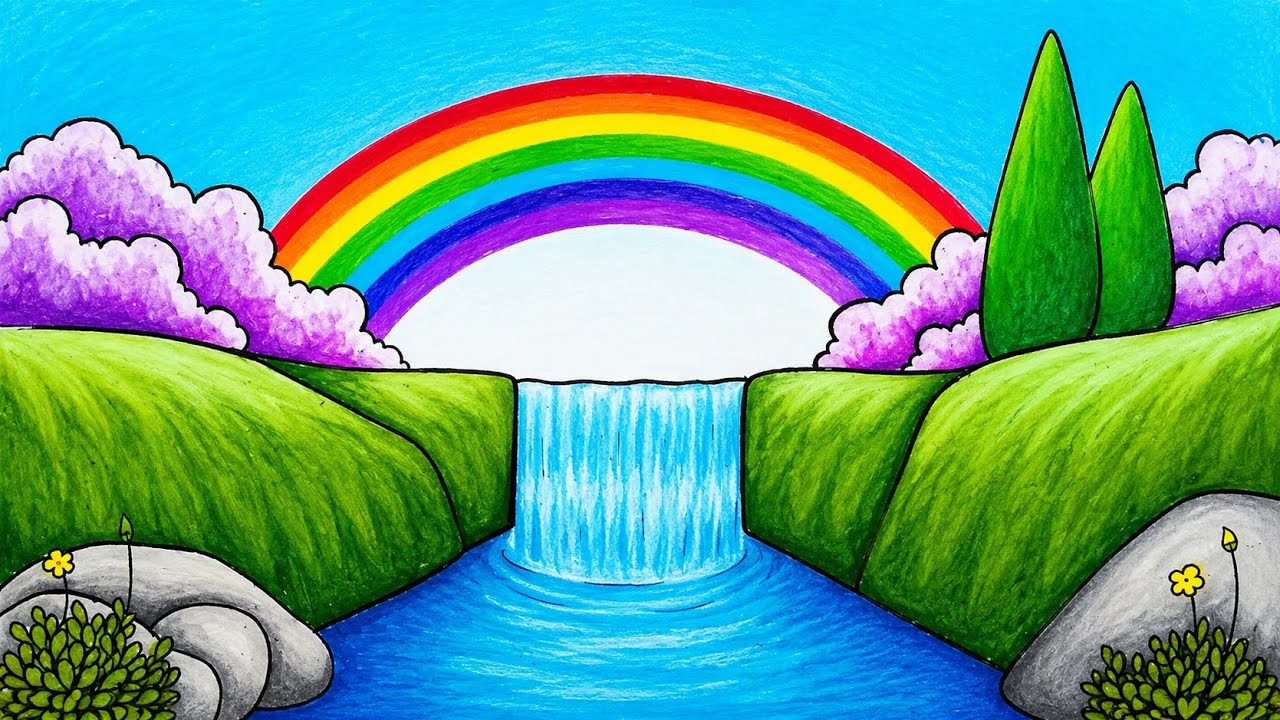 How to Draw Rainbow Over Waterfall Scenery Step by Step | Easy Rainbow Scenery Drawing for Beginners
