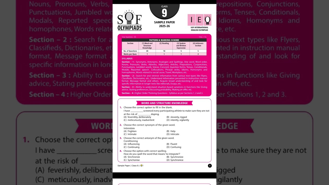 MATHS  OLYMPIAD CLASS 9 SYLLABUS AND SAMPLE PAPER #toppers #maths #exam