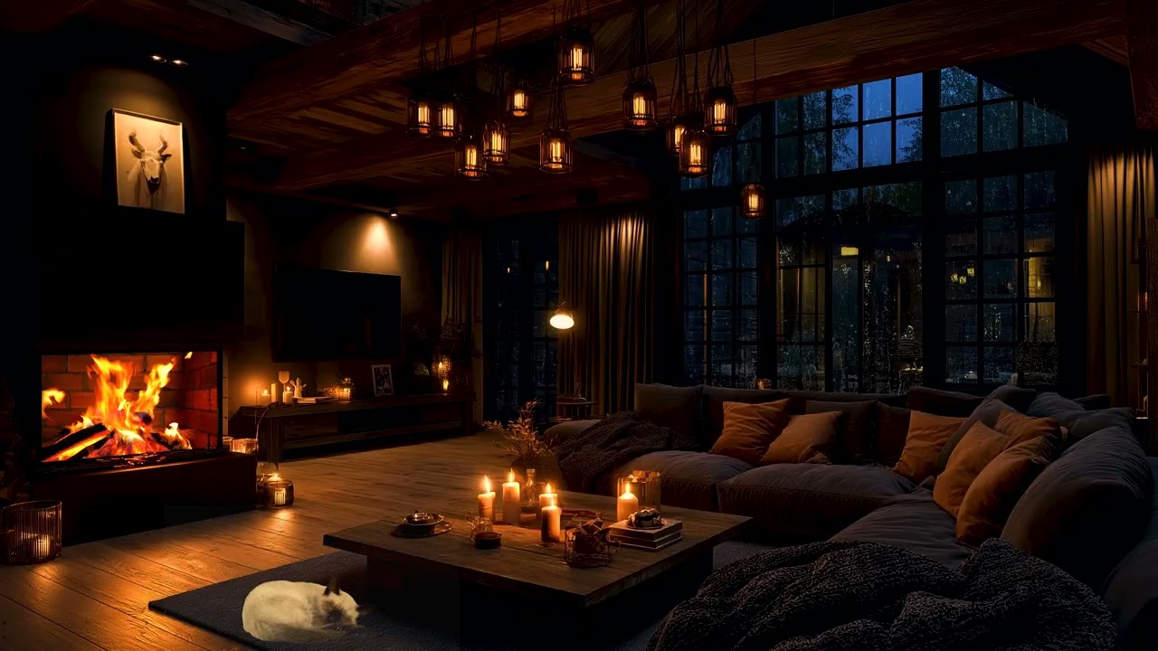 ⛈️ Cozy Cabin Thunderstorm – Fireplace, Heavy Rain, Lightning & Sleeping Cat Sounds