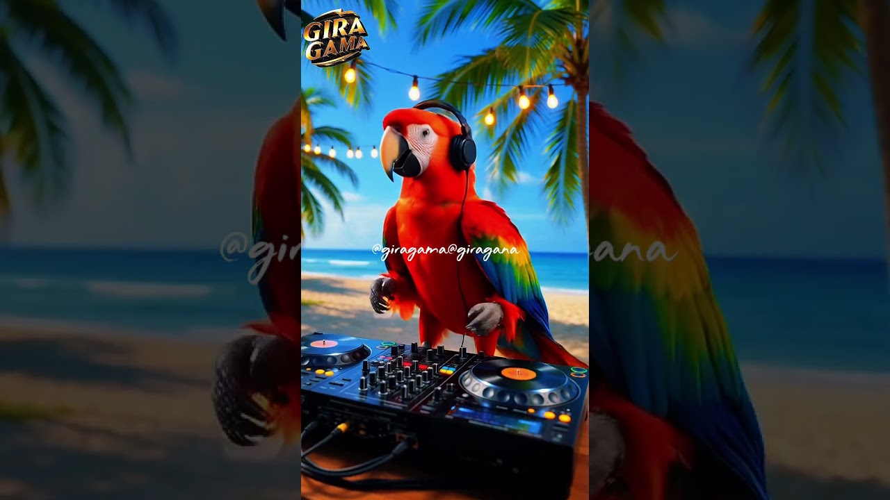 Beach Party Vibes: Red Parrot DJ with Headphones, Palm Trees & Vibrant Lights