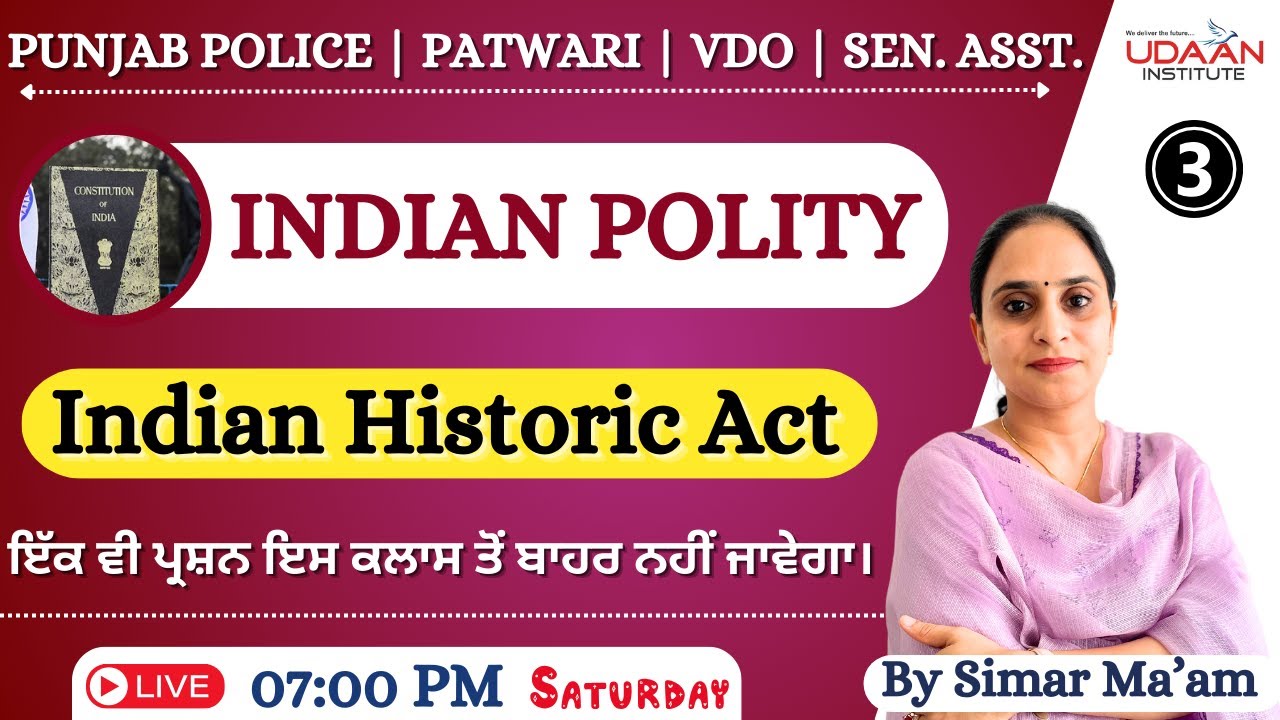 Indian Historic Act | Indian Polity (Day-3) By Simar Ma'am | PSSSB , PSPCL , Punjab Police