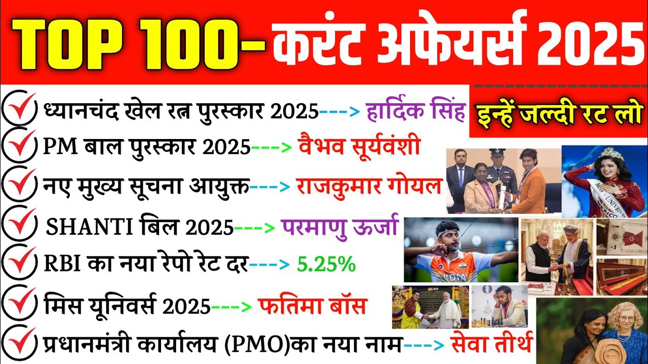 Top 100 Current Affairs 2025 | Current Affairs 2025 important question |last six months current 2025