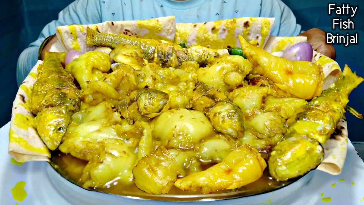 Different Fatty Curry With Whole Fish Baigan/Brinjal Ruti Salad Eating Mukbang | Spicy Mutton Curry