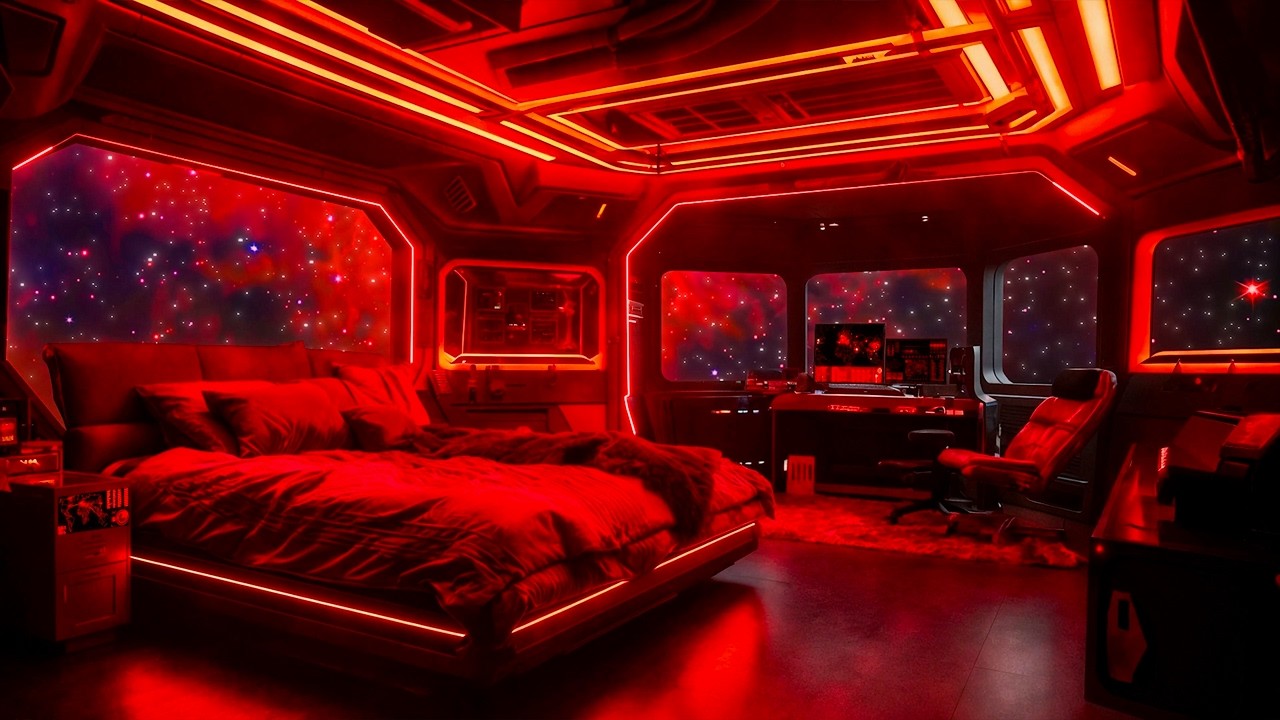 NO ADS 🚀 Cozy Red Spaceship Bedroom | Deep Space Window View & White Noise for Better Sleep, Relax