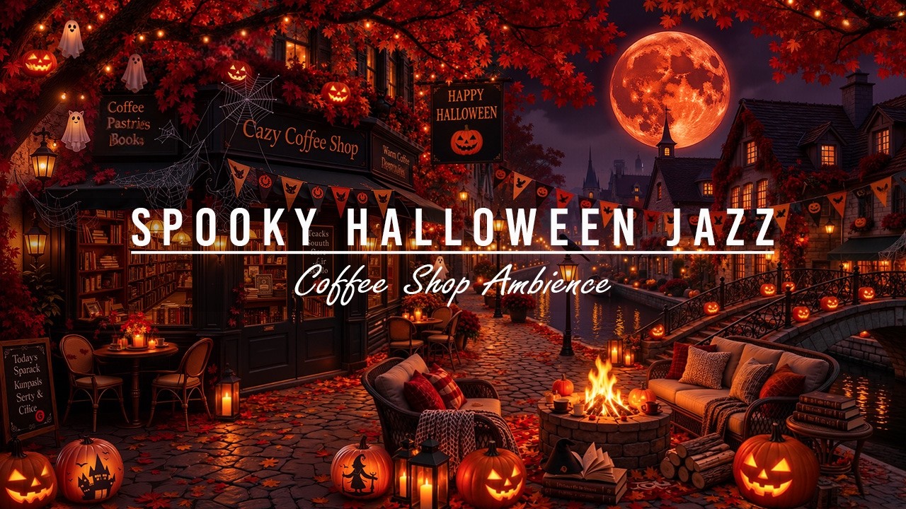Nostalgic Old Library Caf&eacute; on Halloween Night🎃Spooky Halloween Jazz & Fireplace Glow for Deep Focus