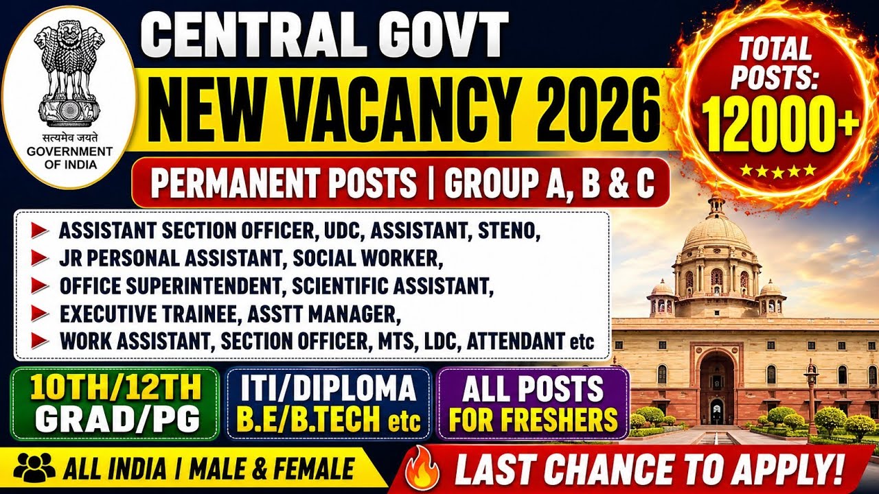 👌Central Govt New Vacancy 2026 🎯 Group A, B & C Posts👉12000+ Permanent Posts 🔥All India Posting 📢