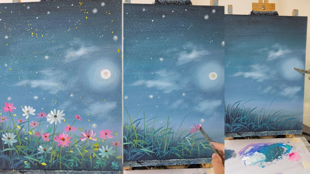 Beautiful Chrysanthemum Garden Under Moonlight 🌙✨ | Easy Acrylic Painting Tutorial for Beginners 