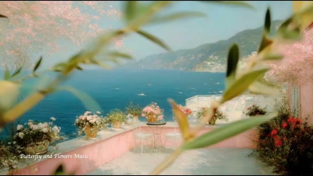 Coastal Village Through Flowers — 3 Hours of Relaxing Music | Soft Light & Mediterranean Calm | 4K
