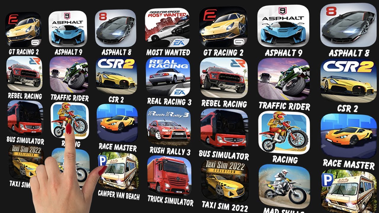 Ipad Games: Asphalt 9, Asphalt 8, Most Wanted, Rebel Racing, Traffic Rider, CSR Racing 2...
