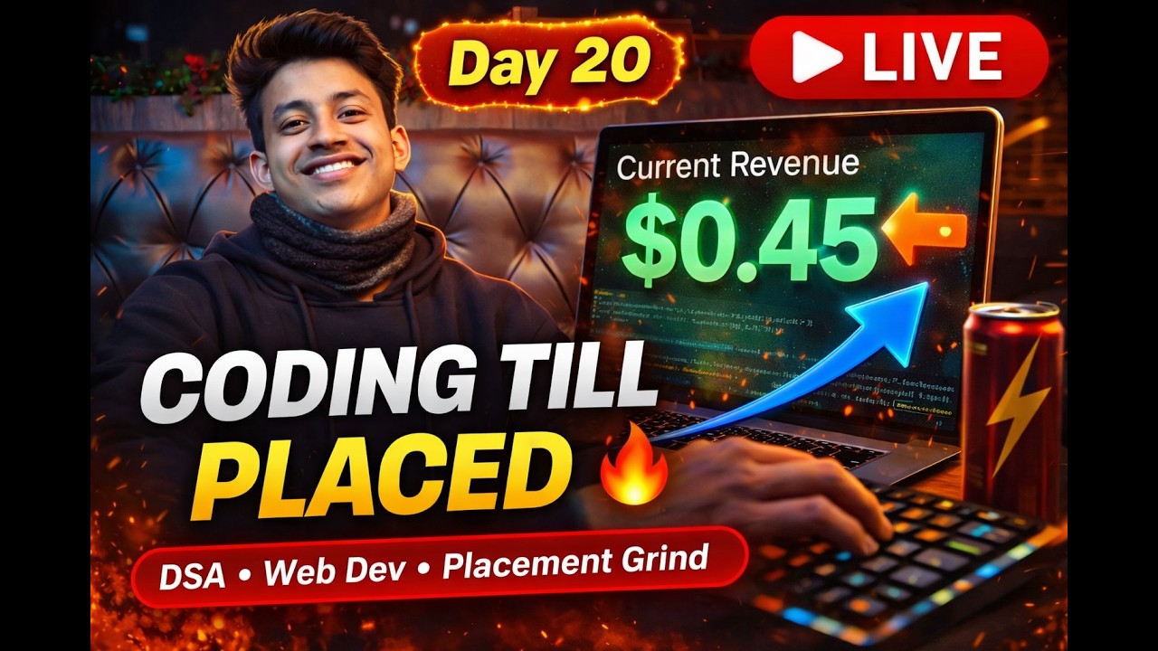Coding Till Placed | Live DSA & Web Development | $0.45 Revenue Update | Day 20 🔥
