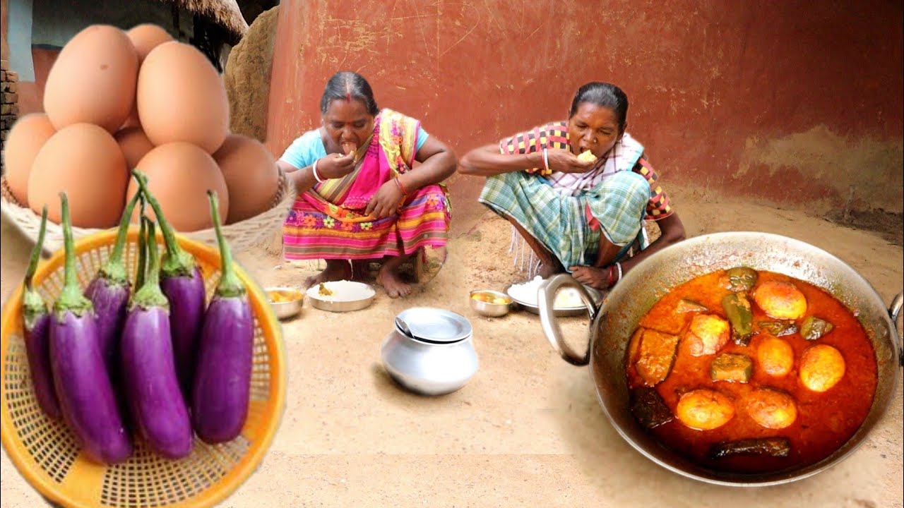 EGG BRINJAL curry cooking and eating with hot rice by santali tribe grandma||rural village India