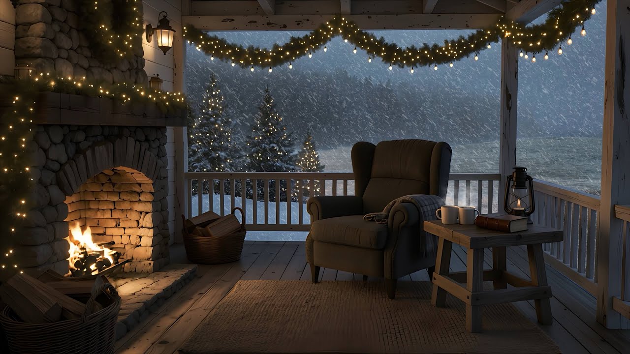 Cozy Winter Seaside Porch Ambience | Crackling Fireplace & Stormy Ocean Waves | 24/7 Live