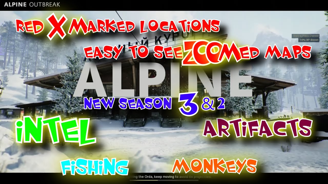 OUTBREAK ALPINE NEW SEASON 3-2 INTEL,ARTIFACTS,MONKEYS,FISHING,RED X LOCATORS ON ZOOMED MAP ZOMBIES
