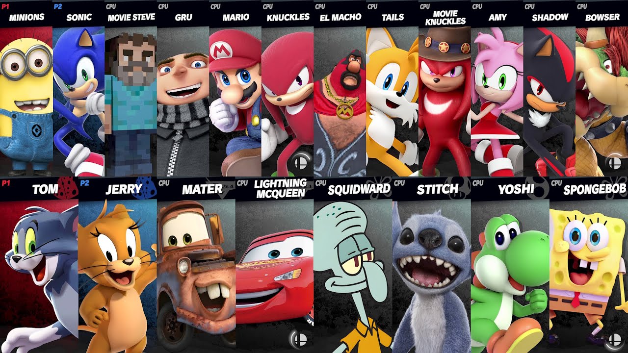 Sonic vs Mario vs Yoshi vs SpongeBob vs Tom vs Jerry vs Stitch vs Mater | Super Smash Bros Ultimate