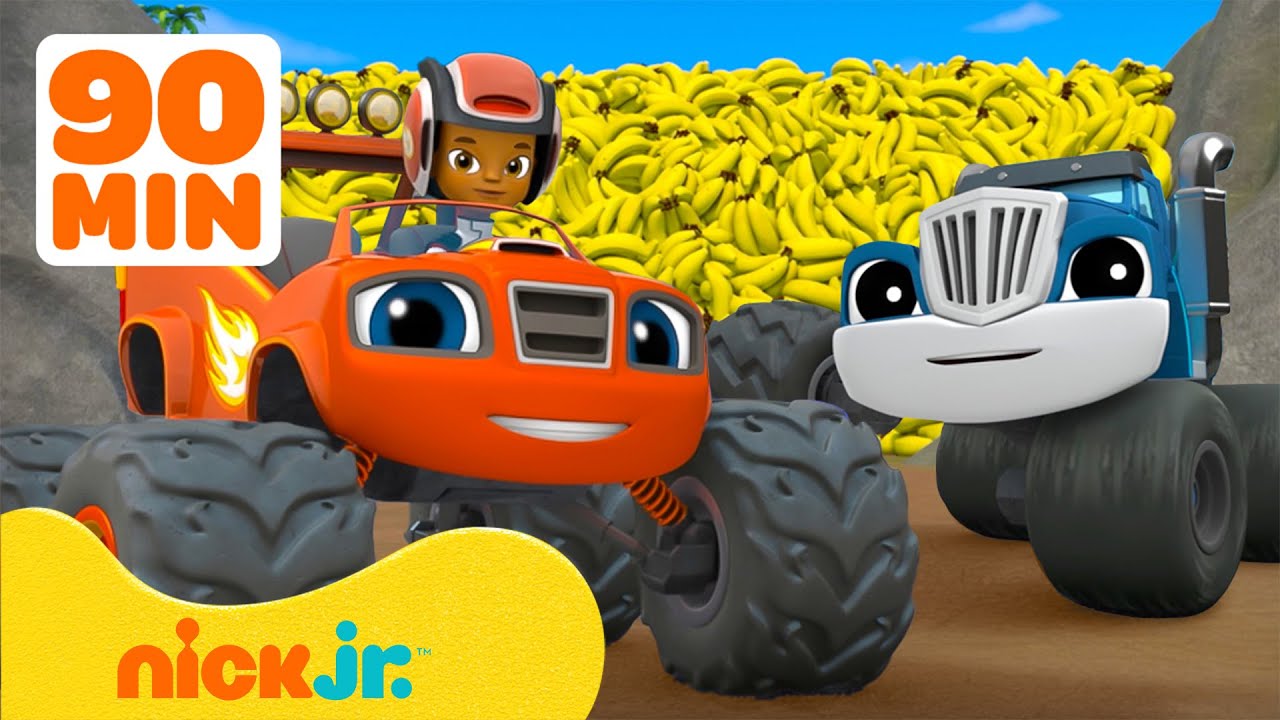 Jonge monsterwielen BEUKEN erop los! Reddingsacties & races met bananen en ander eten! 🍌