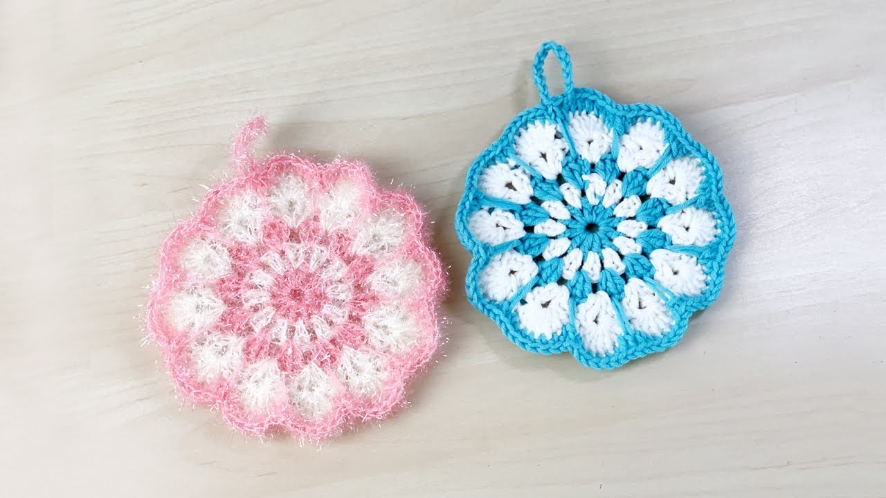 코바늘 수세미 뜨기, 꽃 수세미 [일반실로 뜨는 영상],  Crochet Scrubbies