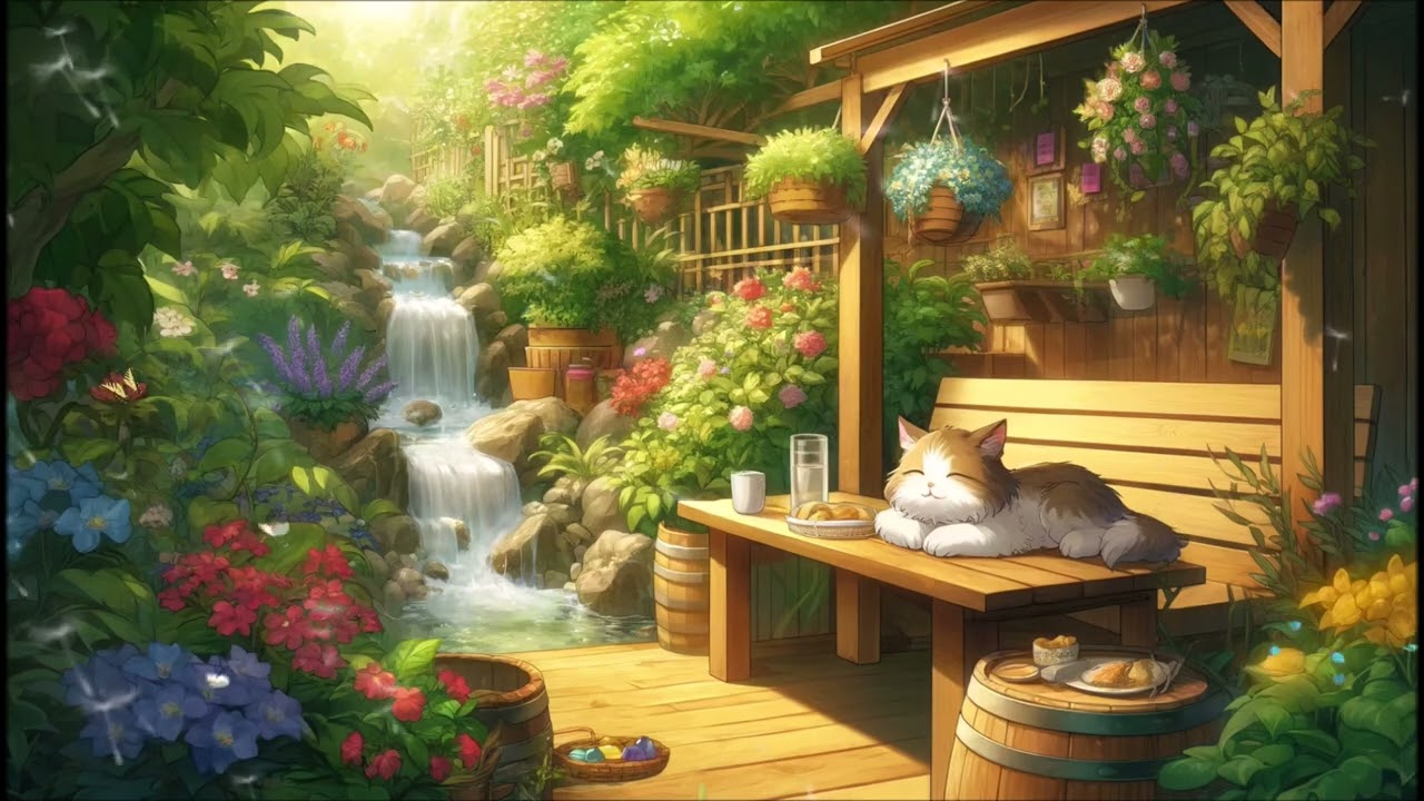 Relaxing Piano Music with Calming Nature Sounds & Cat Companionship | Peaceful Garden Waterfall
