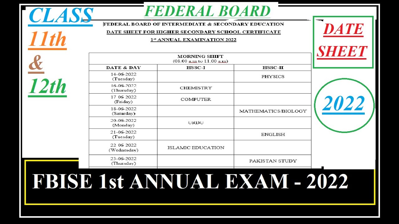 Federal board Class 11 and 12 FBISE DATE SHEET (2022) | FBISE Intermediate Date | HSSC date sheet