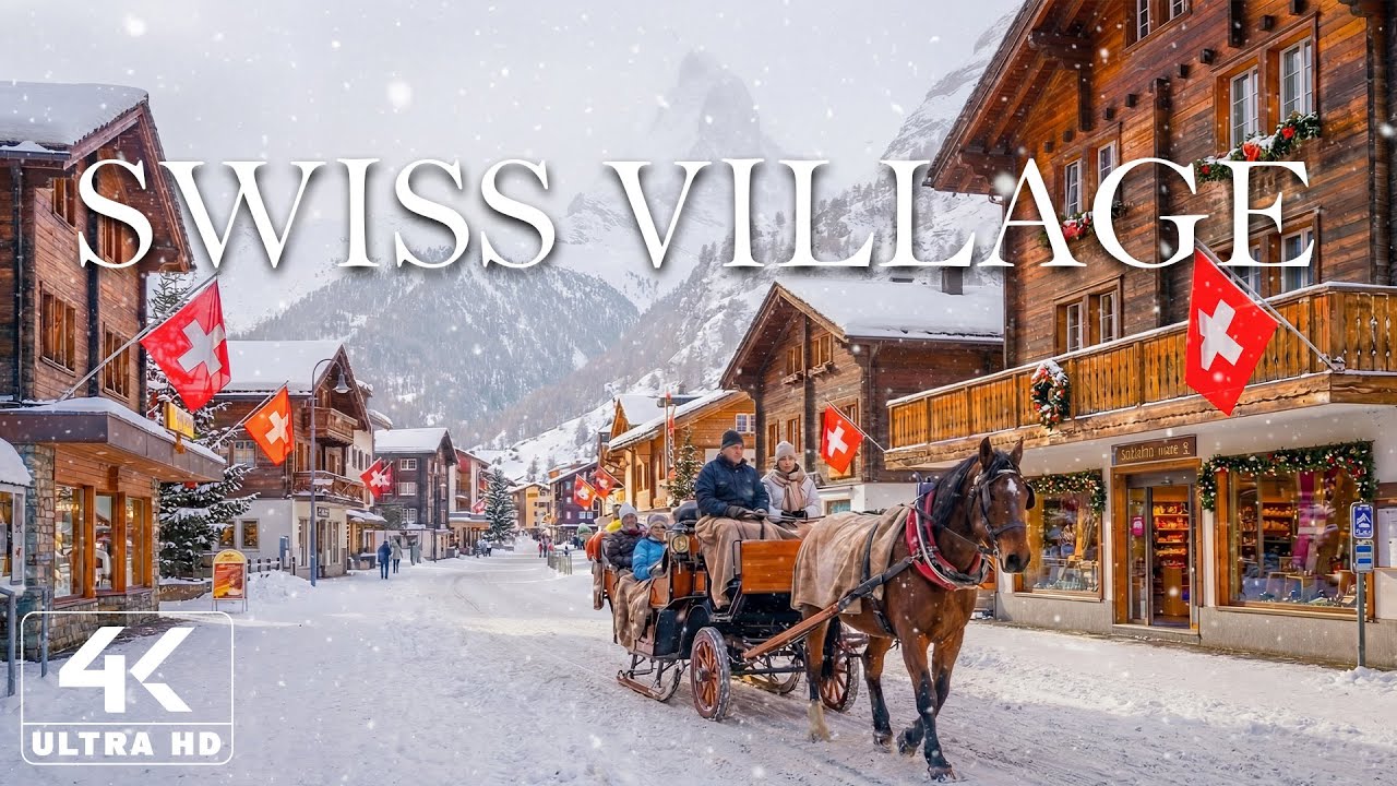 Winter in a Swiss Village 4K ❄️ Cinematic Winter of Snowy Streets, Wooden Chalets & Calm