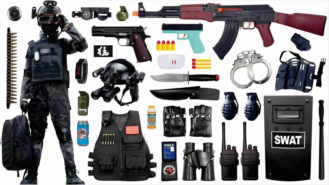 Open box special police weapon set toy, AK47, Glock pistol, grenade, dagger