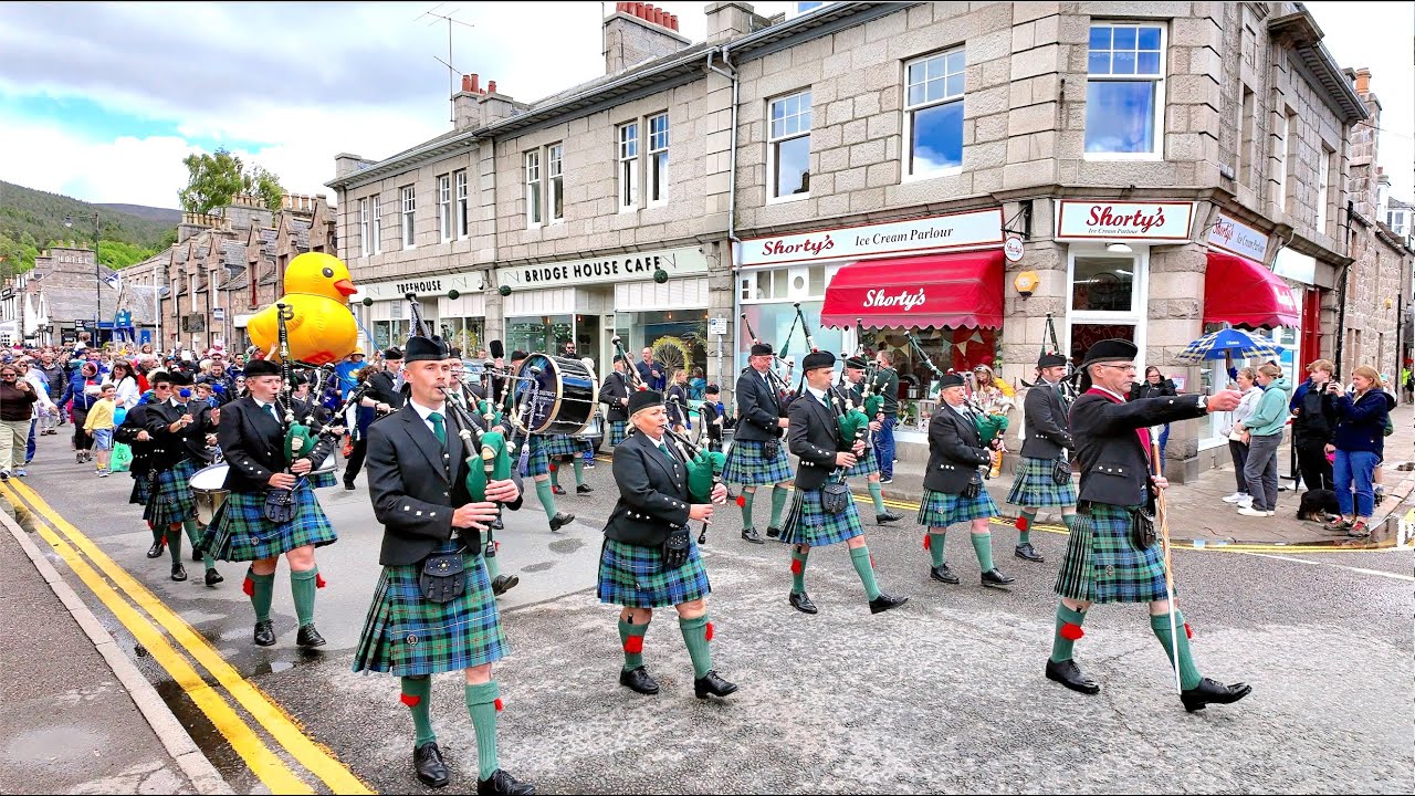 Scotland the Brave as Ballater Pipe Band lead 2025 Ballater Duck Festival parade with winning duck