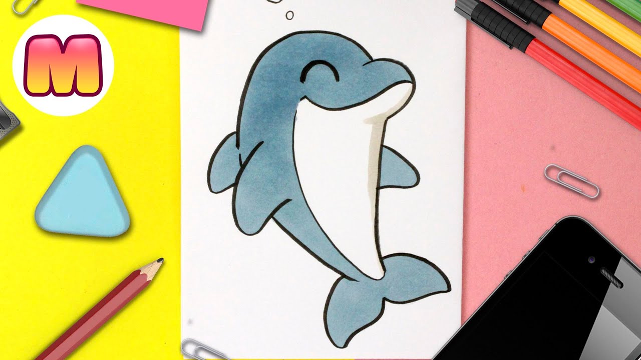 COMO DIBUJAR UN DELFIN KAWAII FACIL PASO A PASO - Como dibujar y pintar animales kawaii