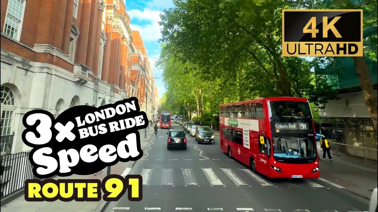 LONDON BUS RIDE 3x Speed, 91, Crouch End to Kingsway / Holborn, Tour in Diorama-like London, 4K