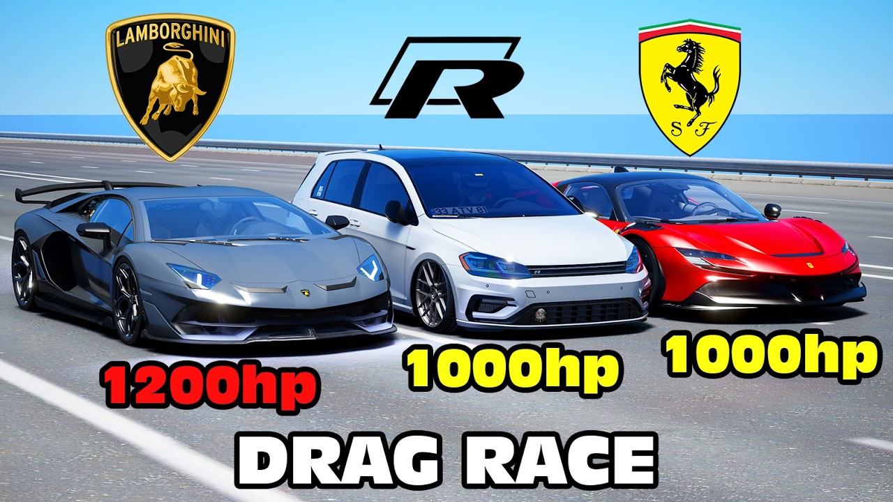 1000-сильный VW Golf R против Lamborghini Aventador SVJ против Ferrari SF90 Stradale DRAG RACE