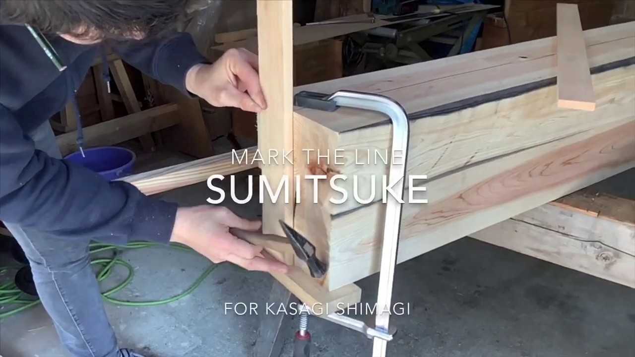 Japanese torii gate production day20. How to mark the line for kasagi and shimagi.墨付け