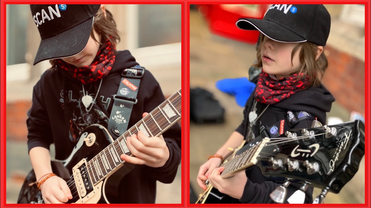 Cool kid Olly amazes crowd/first busk of 2023/ Guitar Shadows/ AC/DC/Rolling Stones / Chester City