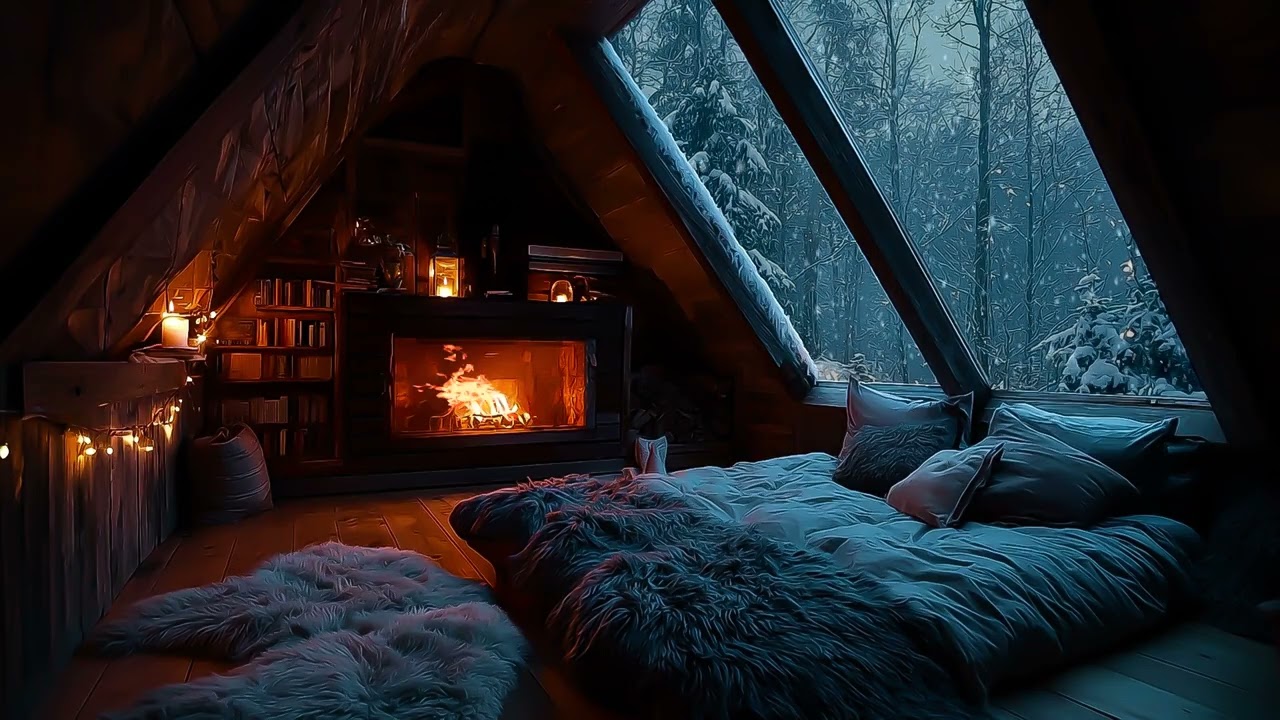 Crackling Fireplace & Soothing Winter Storm Sounds in Cozy Cabin for Perfect Sleep & Stress Relief